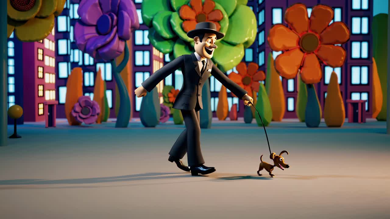 hombre paseando perro en una ciudad de dibujos animados