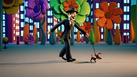 man walking dog in a cartoon city