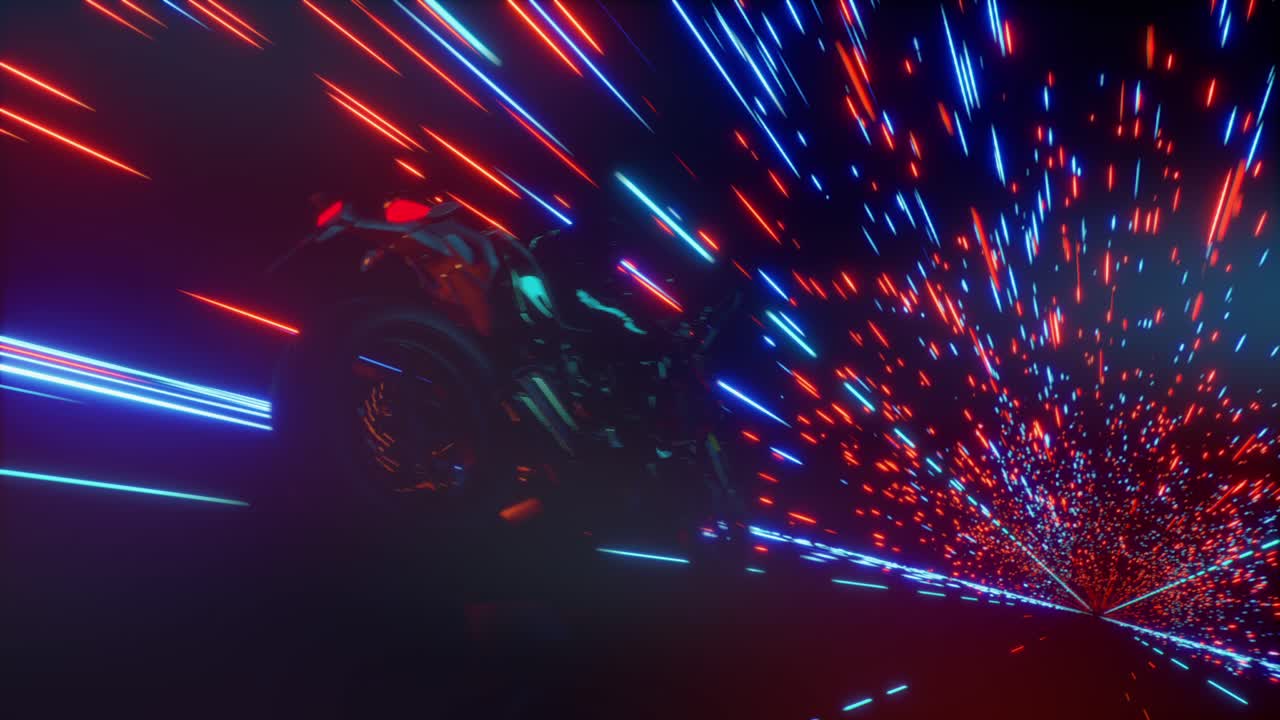 Motocykl uhánějící futuristickým neonovým tunelem