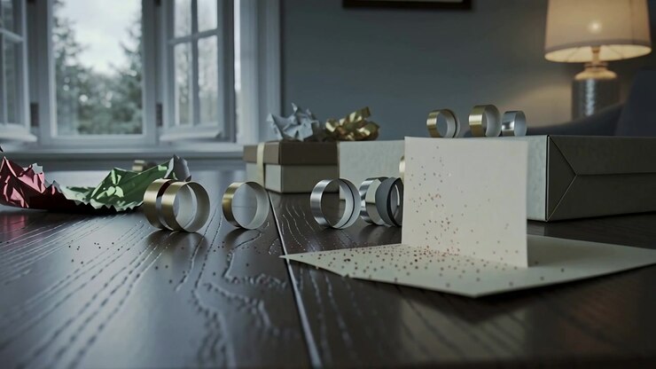 Unwrapping sending metal ribbon curls rolling forward across wood table by window revealing card