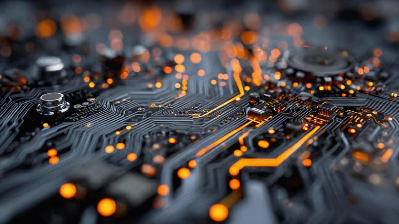 Intricate Close-Up of a Futuristic Circuit Board Illuminated with Glowing Orange Connections, Showcasing Advanced Technology and Digital Interface Design
