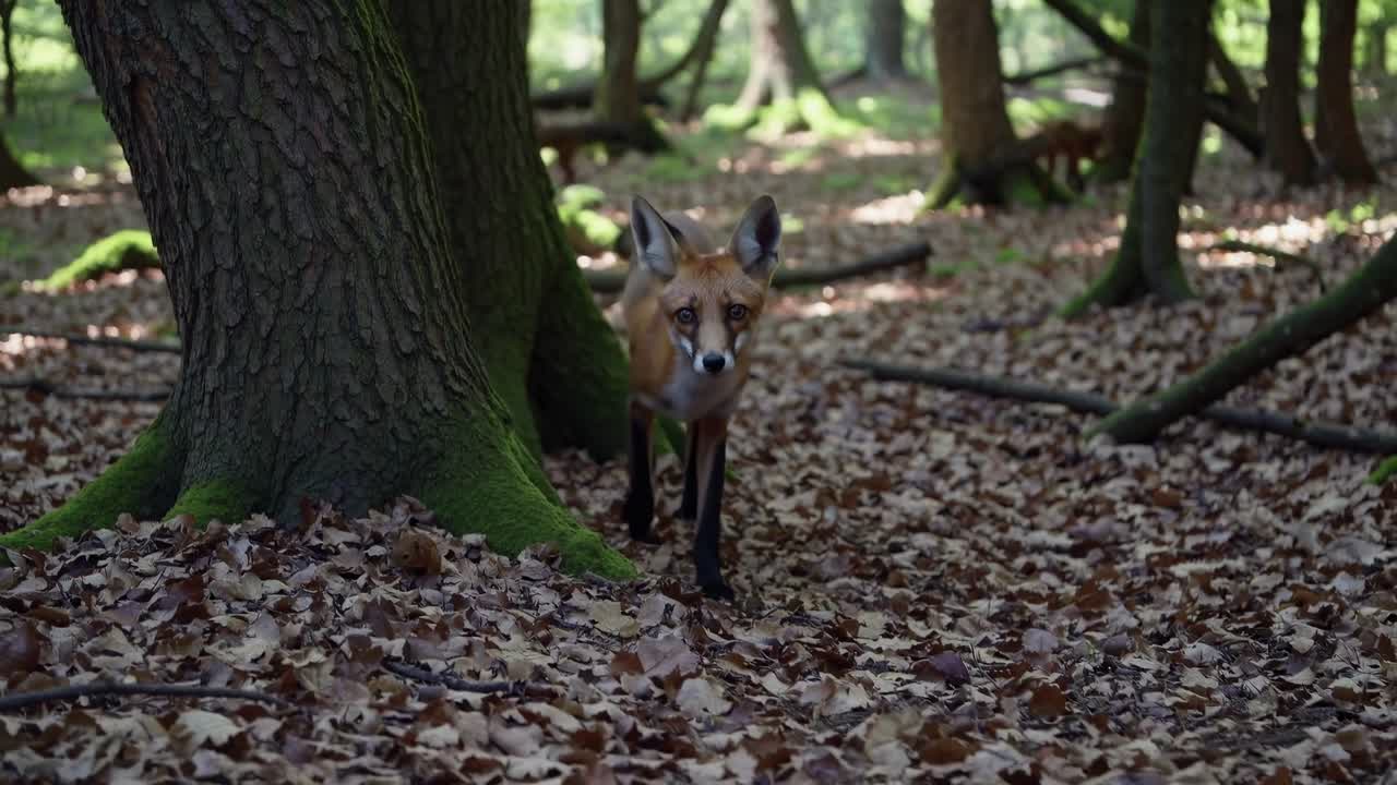 A serene forest scene with a fox walking through fallen leaves. Captured at eye level, the video