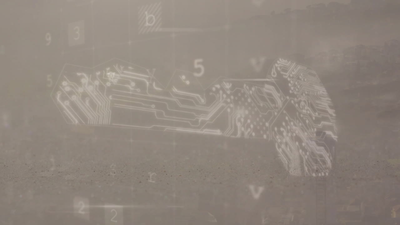 Digital circuit overlay glowing WARNING text on grey-beige surface, scattering alphanumeric codes