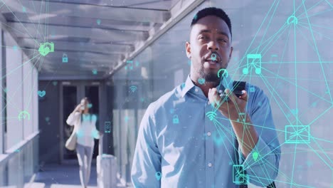 animation of media icons over diverse business people walking