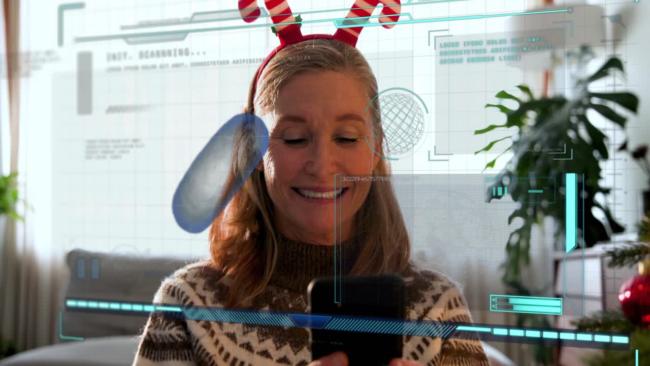 Mature woman tapping smartphone and activating AR orb crossing face, HUD scanning holiday tech demo