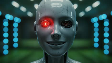 futuristic robot with illuminated eye: a captivating blend of technology and humanity, showcasing an artificial being with a unique design, set in a high-tech environment