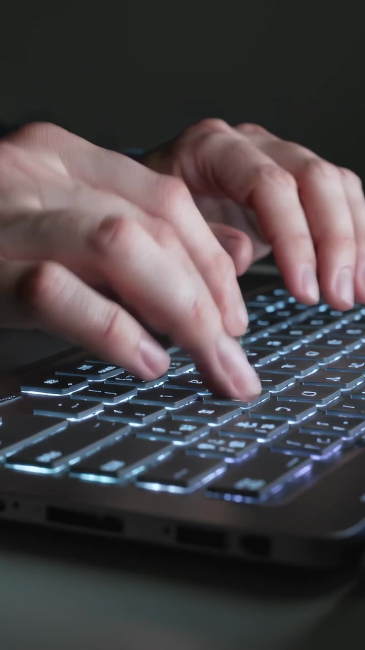 Video verticale: Mani pronte a digitare, che digitano velocemente su una tastiera retroilluminata di un laptop sulla scrivania, con maniche scure.