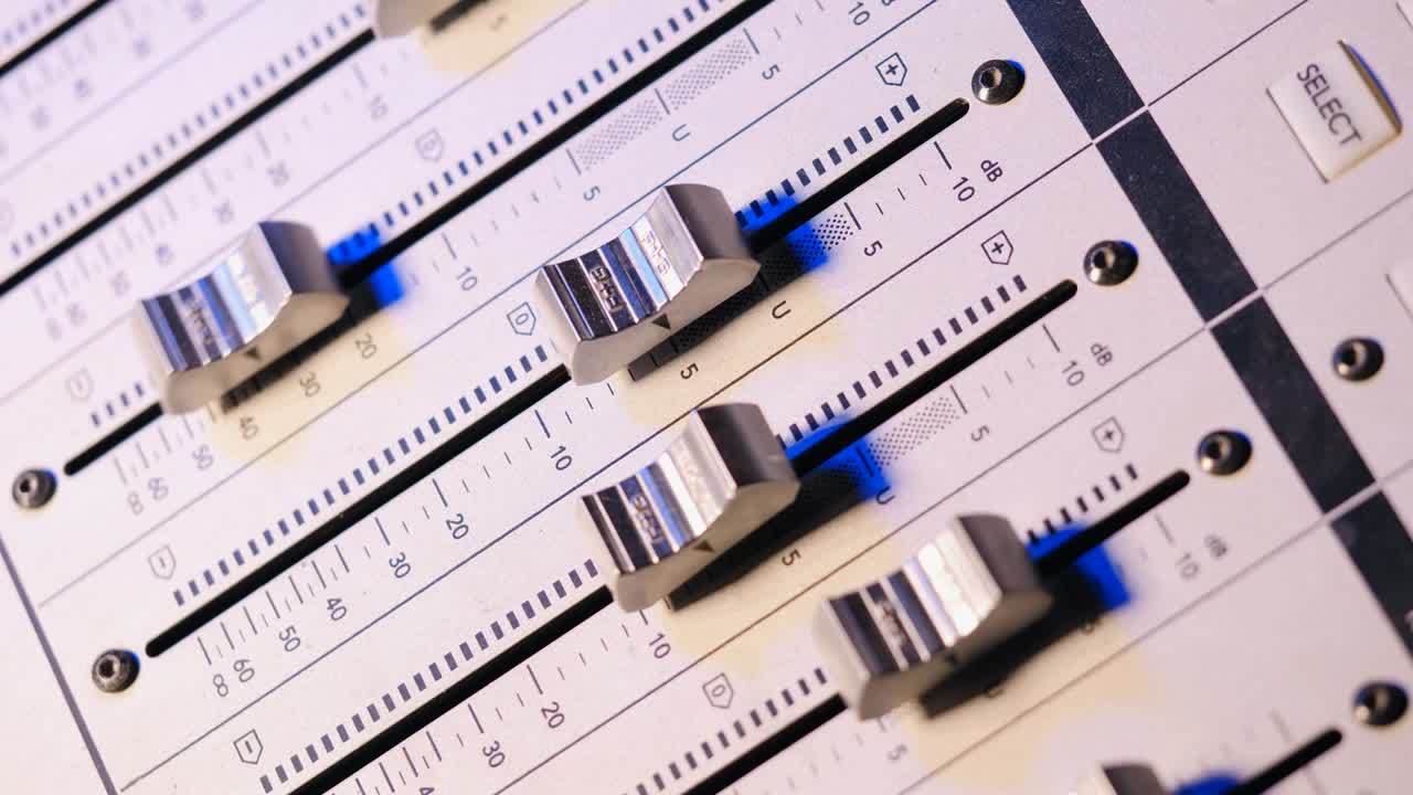 Professional Recording Studio. Interface of sound equipment for mixing music. Fader. Different modes of audio console. Process of working on song or voice