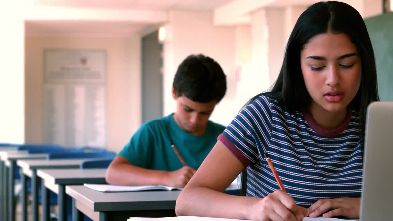 Schoolgirl using laptop while studying in classroom