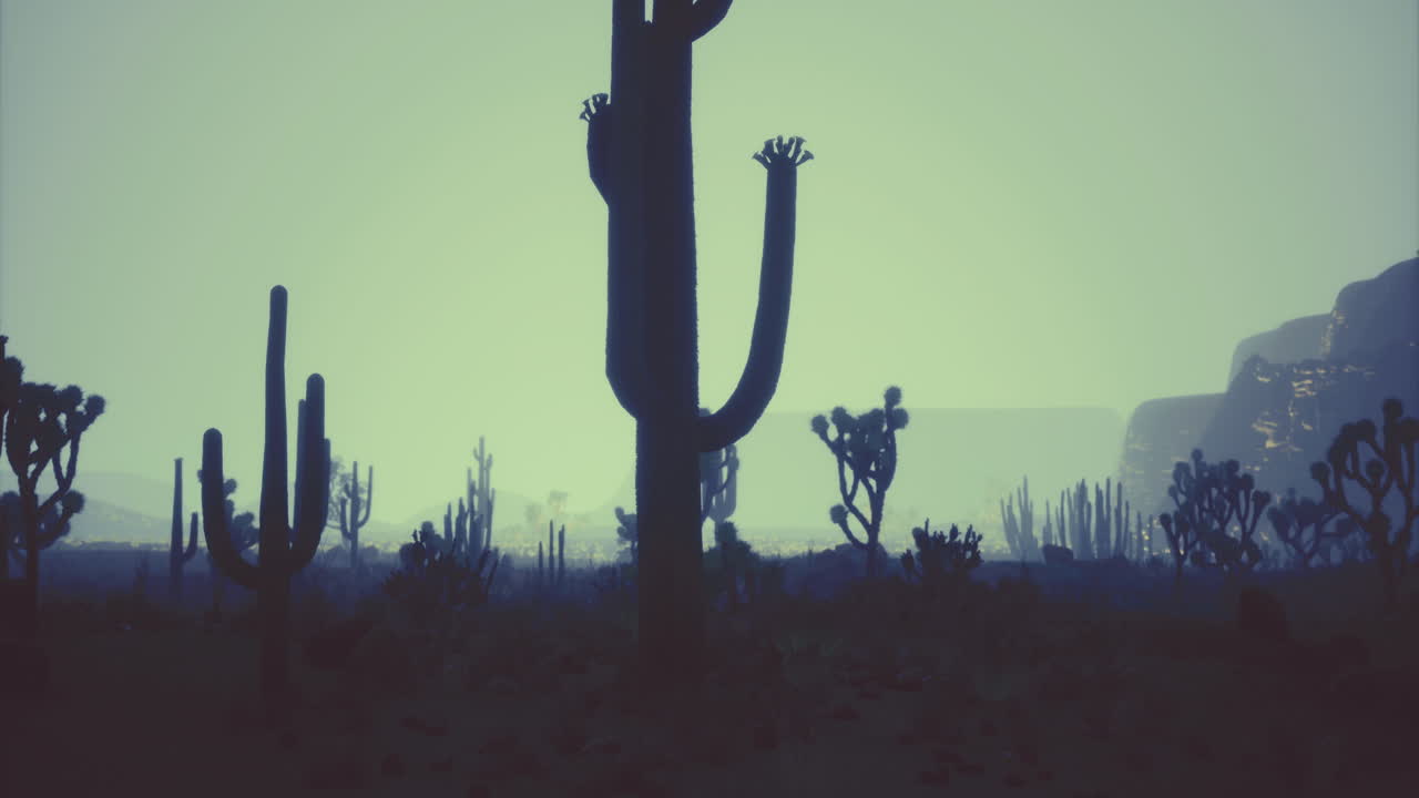 Silhouetted cacti against a hazy backdrop at dusk in a desert landscape