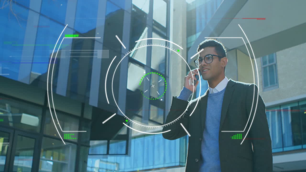 Talking on phone, businessman with digital target animation overlay in office