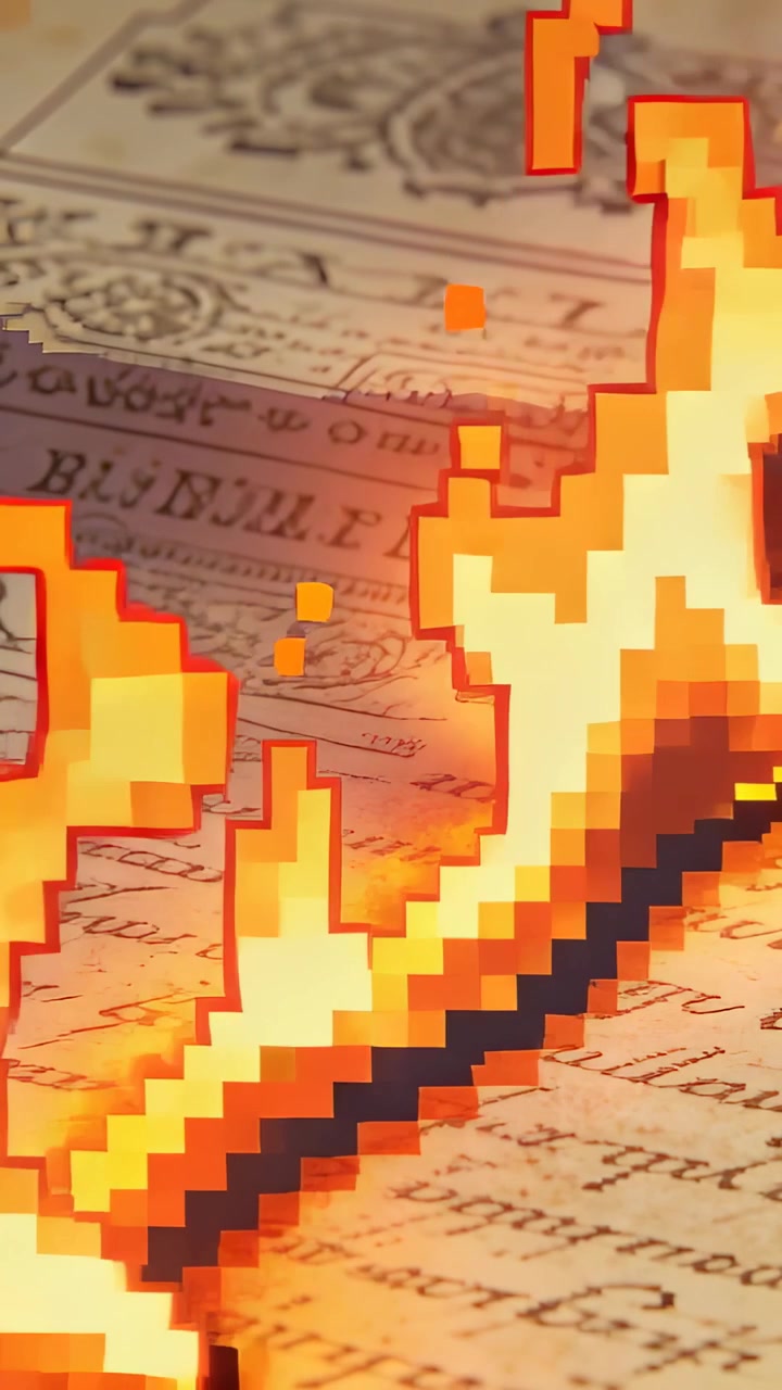 All'avvio, una fiamma pixelata appare lungo una riga di codice, diffondendo braci e illuminando un documento di design.