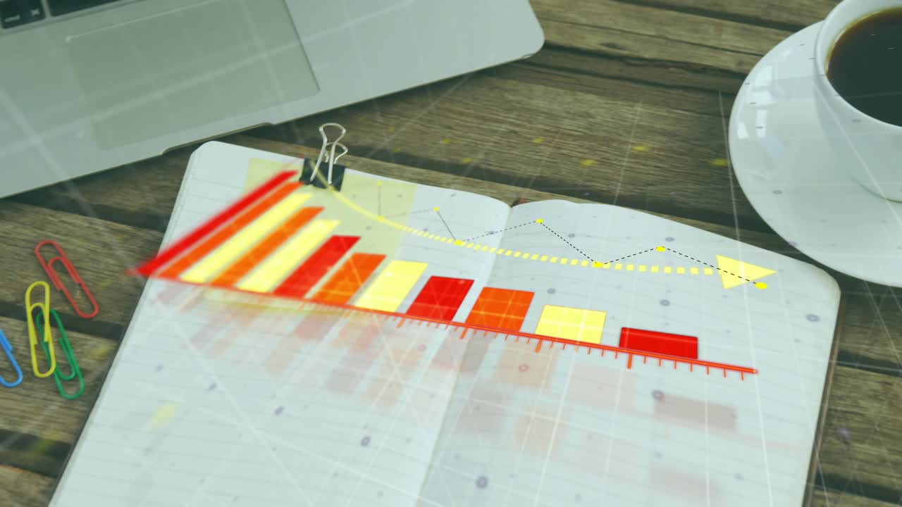 Red ruler sliding in, bars growing into notebook chart, arrow tracing trends, coffee cup emerging