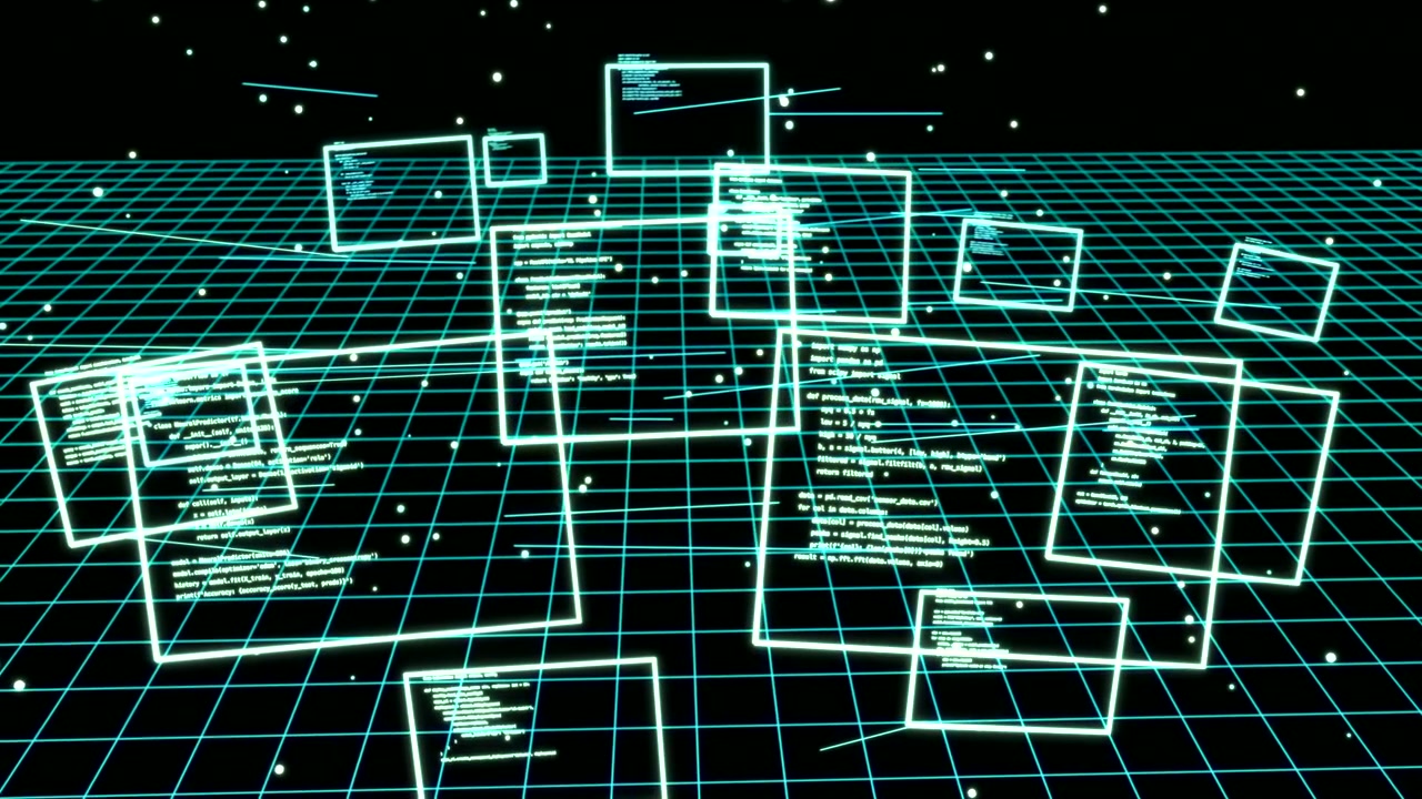 Dynamic 3D animation showcasing glowing virtual code windows floating above a neon grid in dark cyberspace. Immersive digital tech scene, vibrant blue lighting, perfect for sci-fi or IT concepts.