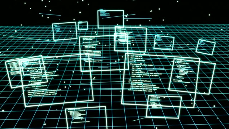 Dynamische 3D-Animation, die leuchtende virtuelle Code-Fenster zeigt, die über einem Neon-Gitter im dunklen Cyberspace schweben. Immersive digitale Technologieszene, lebendige blaue Beleuchtung, perfekt für Science-Fiction- oder IT-Konzepte.