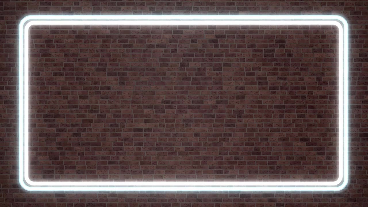 A white neon rectangular frame pulses and flickers against a textured dark brick wall background.
