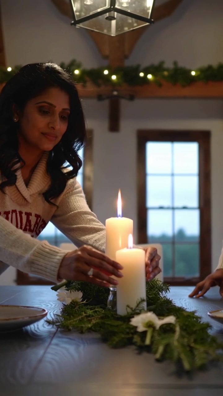 Video verticale: Donna con un maglione color crema che si allunga per sistemare le candele sul tavolo per la cena, con spazio per il testo.