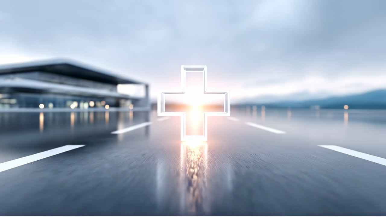 Health symbol shines on a wet road. A glowing health symbol stands out on a rainy road with an industrial building in the background during twilight