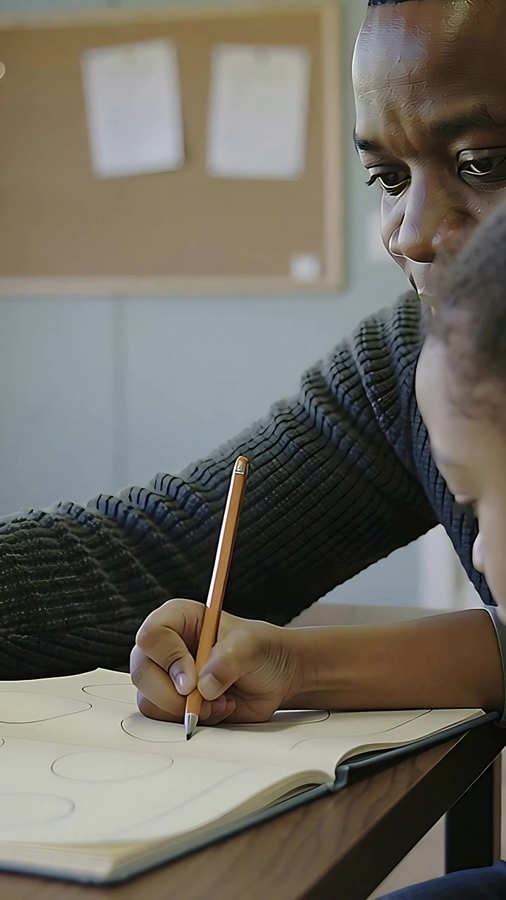 Dikey video: Kalemi yerleştiren, kazaklı çocuğun elini tutarak bloknot üzerinde pratik döngüleri takip etmesini sağlayan eğitmen