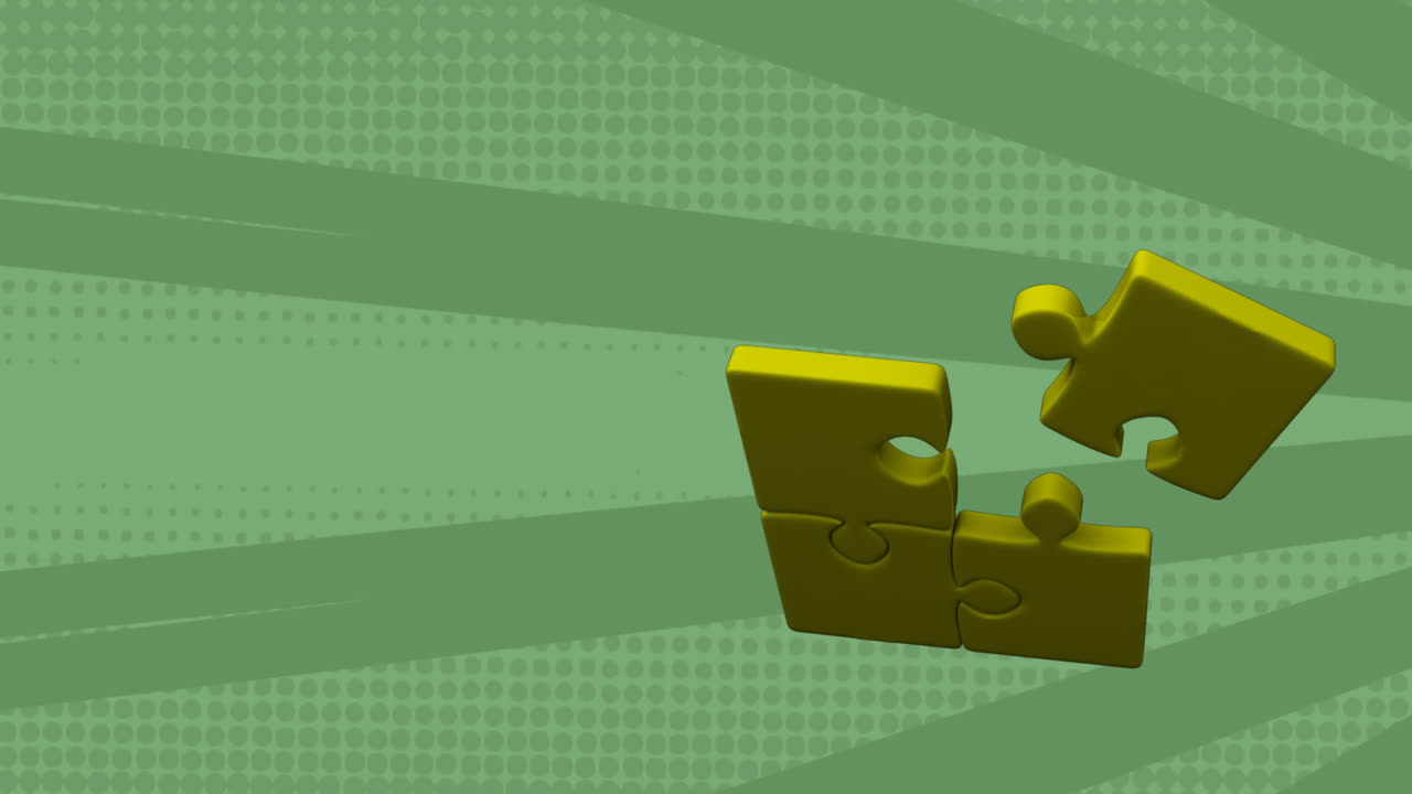 animación de piezas de rompecabezas amarillas sobre rayas giratorias verdes de fondo