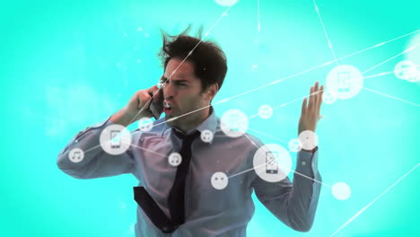animación de iconos conectados sobre un hombre de negocios frustrado gritando en una llamada telefónica bajo el agua
