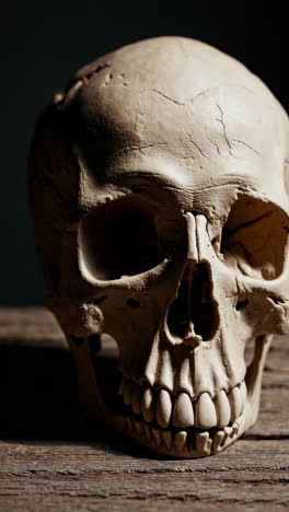 human skull on wooden surface