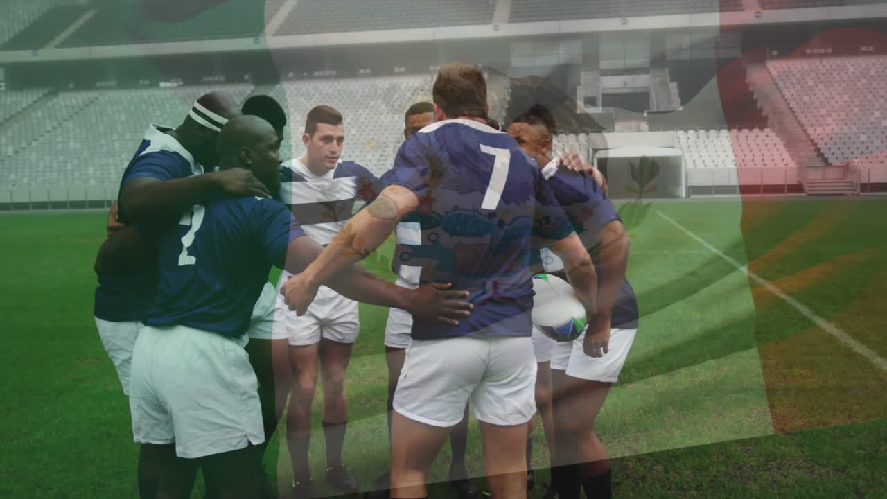 Huddling on field, rugby players with animation of Italian flag overlay