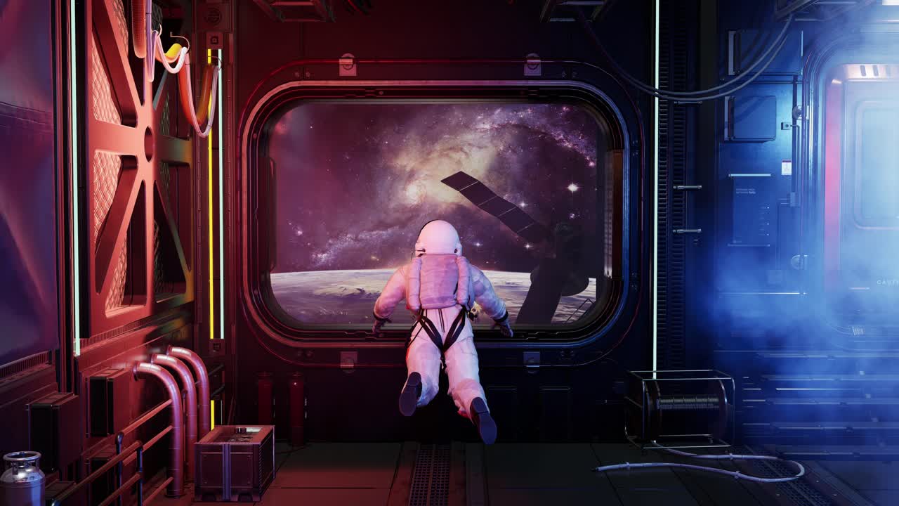 vista trasera del cuerpo completo de un astronauta solo en un corredor espacial futurista observando la tierra y las estrellas. vista de la tierra y el satélite de comunicaciones. animación 3d