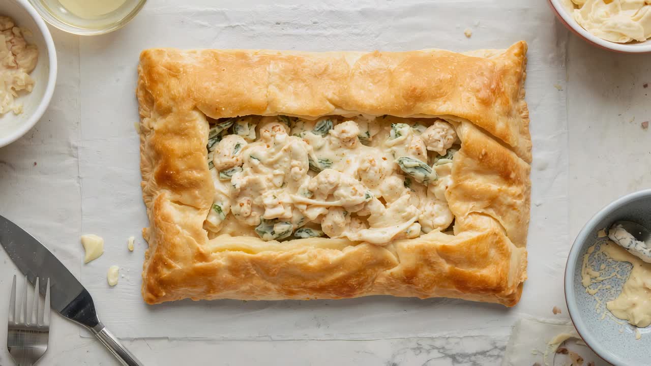 Mostrando il ripieno di una crostata di pasta sfoglia che si assesta dopo gli ultimi ritocchi sul piano di lavoro, con gli utensili.