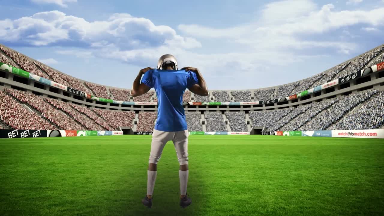 스포츠 경기장 위의 아메리칸  ⁇ 볼 선수의 애니메이션