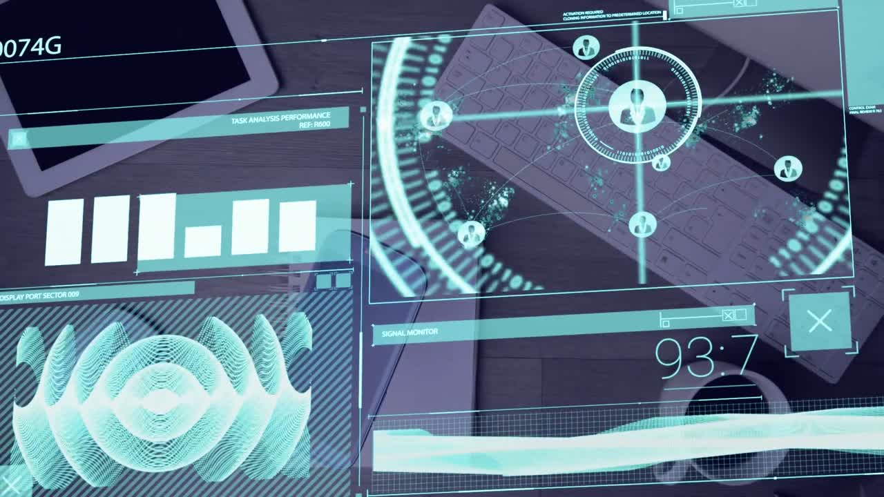 Animation of statistics and data processing over desk with computer and office items