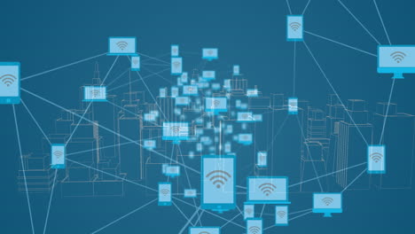 animation of network of connections over digital city on blue background