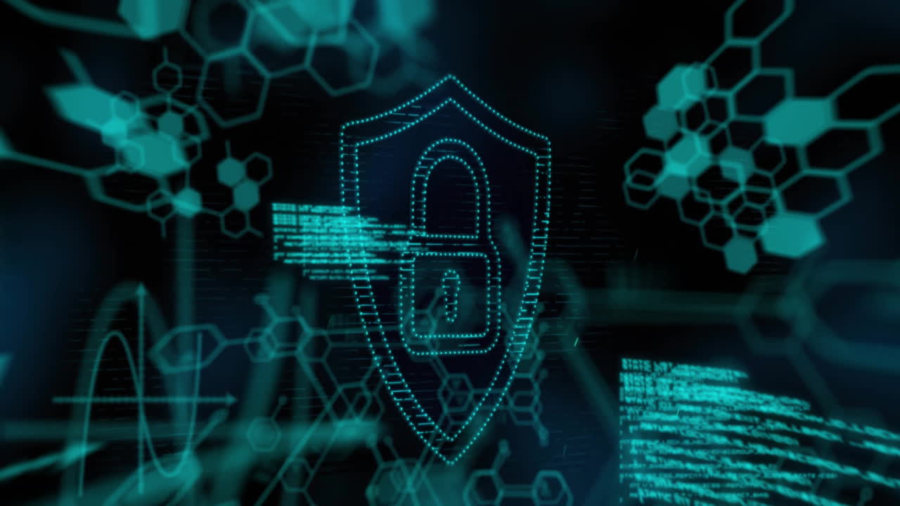 Animation of chemical formula with padlock icon and data processing on black background