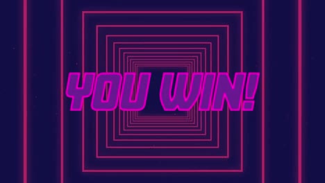 animation of you win text banner over pink square shapes in seamless pattern on purple background