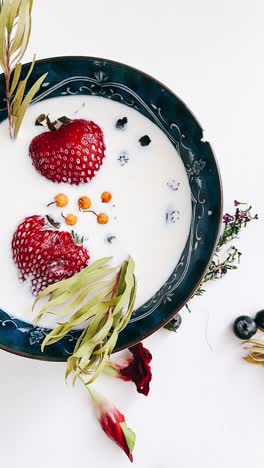 fresh strawberries in milk with floral arrangement