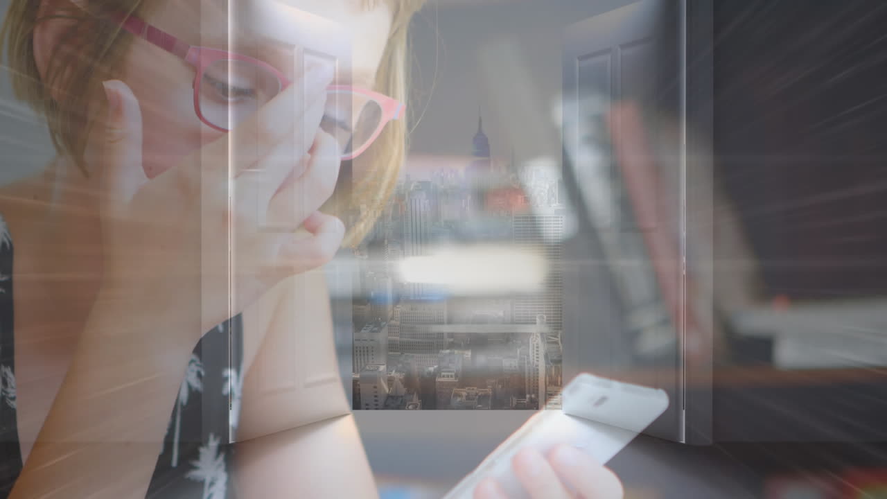 스마트 폰을 사용하는 백인 사업가 여성에 대한 도시 풍경의 애니메이션