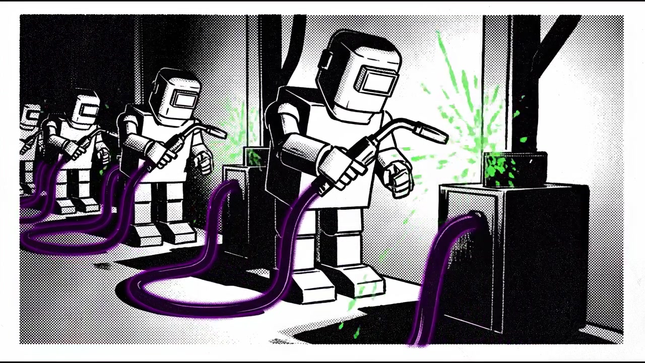 Animerede robotter, der svejser på et industrielt samlebånd