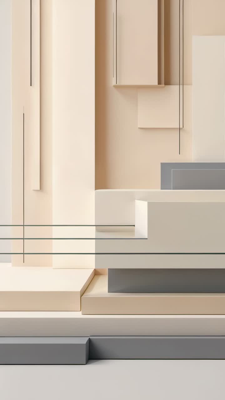 Vertical video: Camera starting capturing abstract sculpture at studio, with panels slabs rods