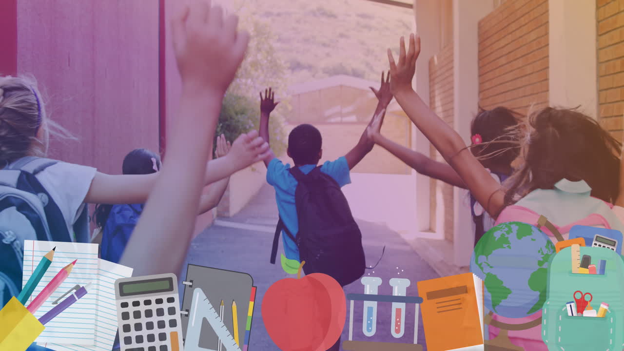 학교 밖에서 달리는 다양한 학생들의 뒤에 있는 학교 장비의 애니메이션