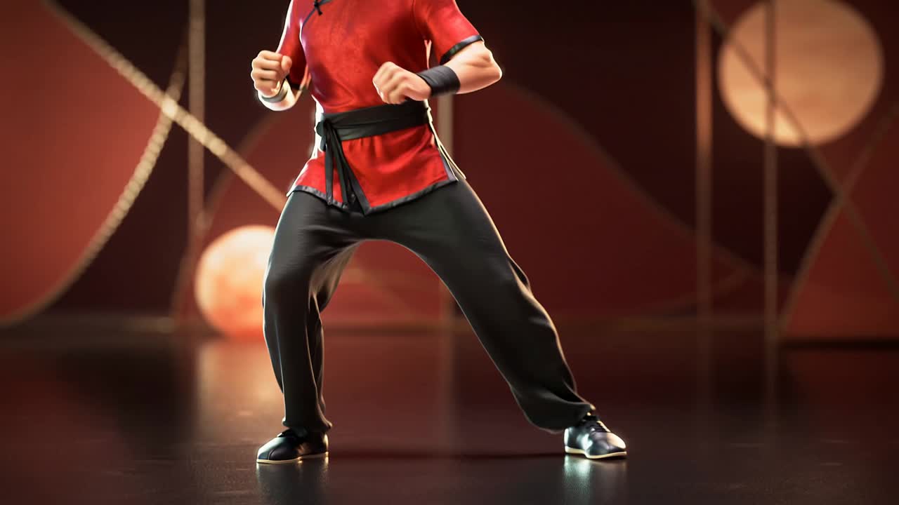 Martial artist shifting weight and executing front kick on stage, with mic showing skill