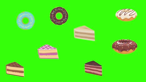donuts y grupo de pasteles animación de dibujos animados en pantalla verde tecla de croma