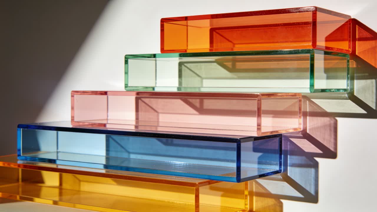 Luz superior izquierda cambiante haciendo que cinco cajas de acrílico transparente proyecten sombras de colores en una pared blanca
