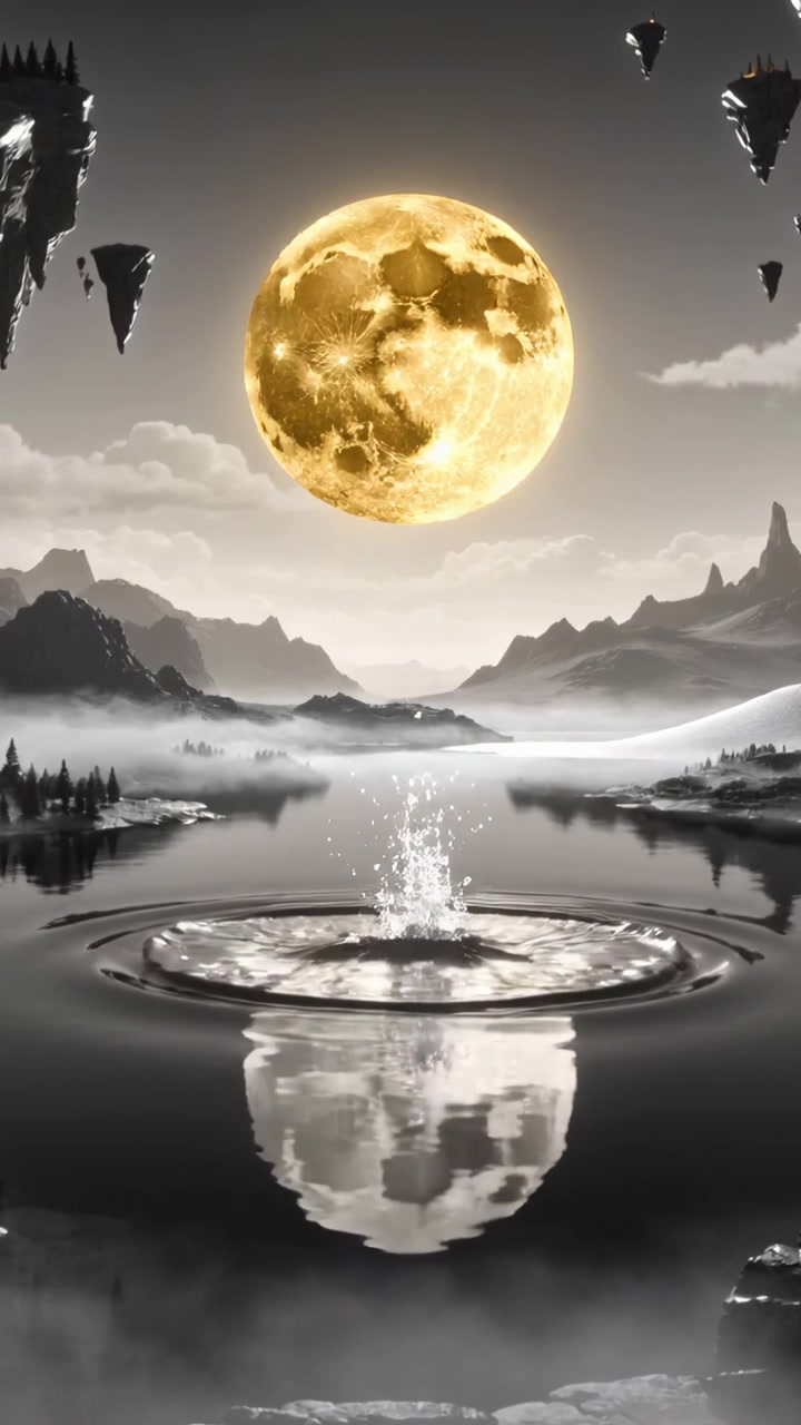 Video verticale: Eruzione di una corona d'acqua centrale su un lago di montagna, con il riflesso dorato e increspato della luna.