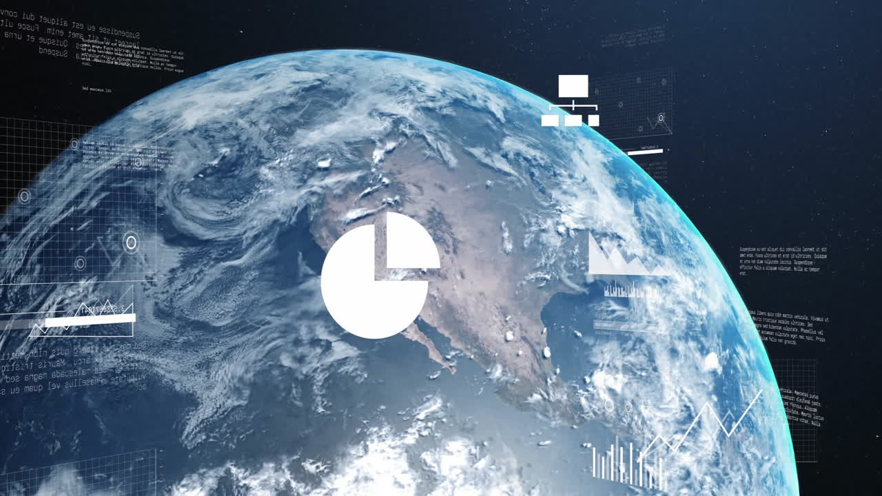 Data charts and graphs overlaying continents on Earth, showing global statistics
