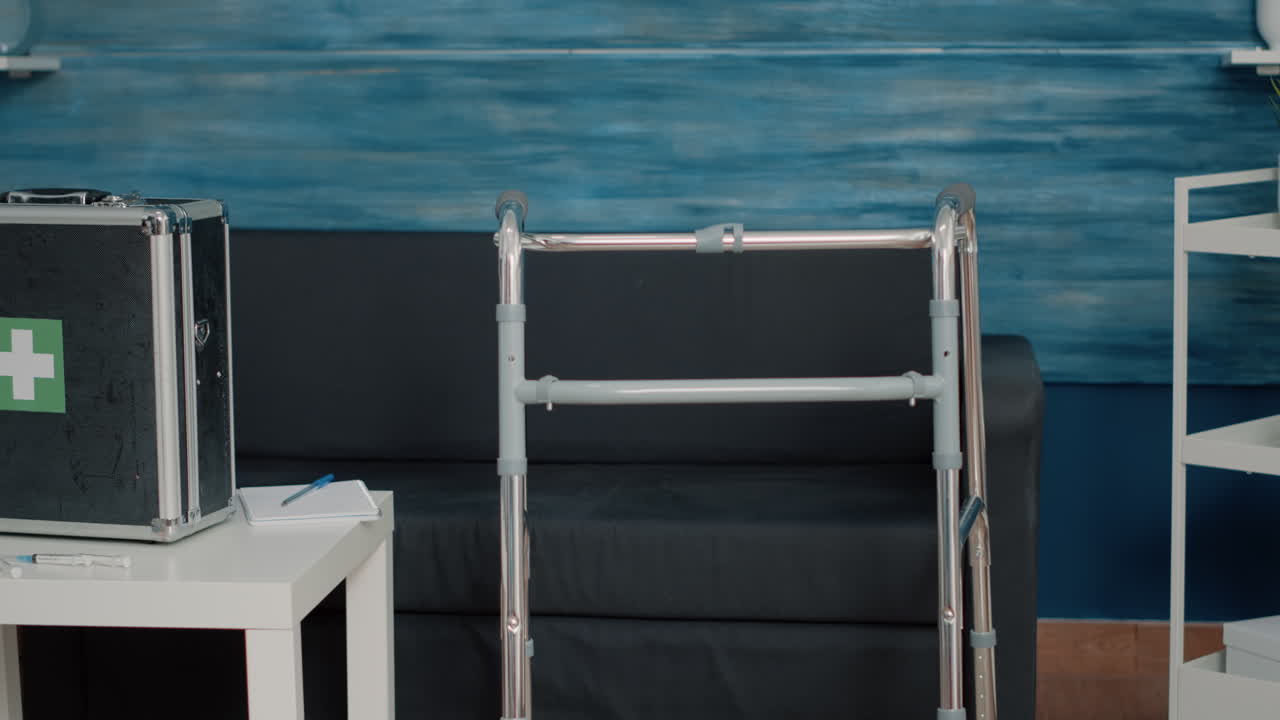 Close up of walk frame and medical suitcase in nursing home