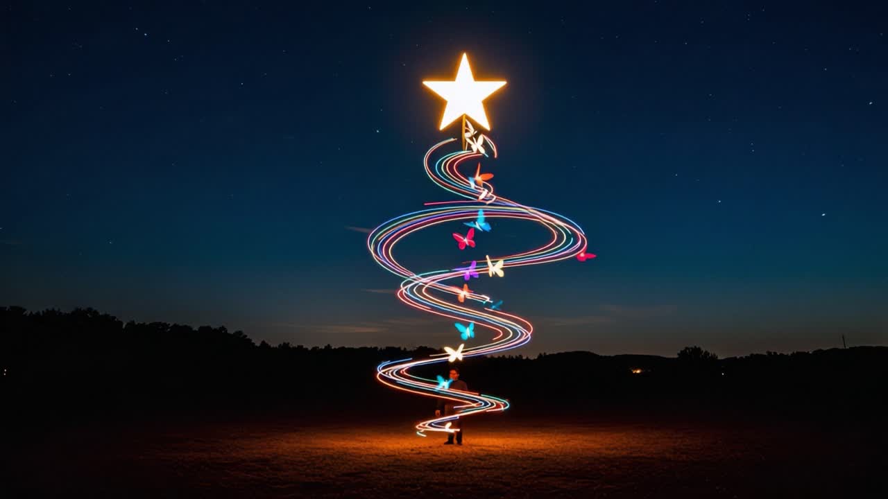 A Stunning Display of Light and Color in a Magical Night Sky: Capturing the Transformation of a Spiral of Butterflies into a Star atop a Twinkling Tree Formation