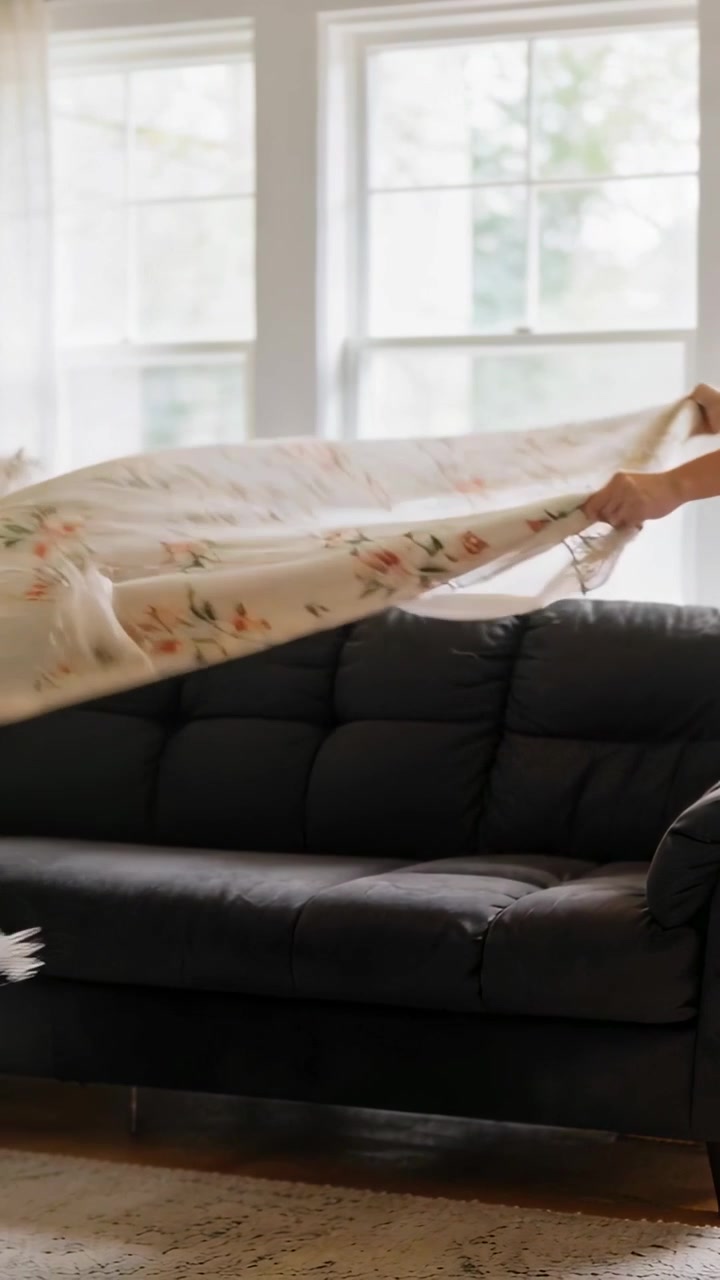 Video verticale: Donna che solleva, sistema e dispone un plaid floreale sul divano vicino alle finestre, con spazio per il testo.