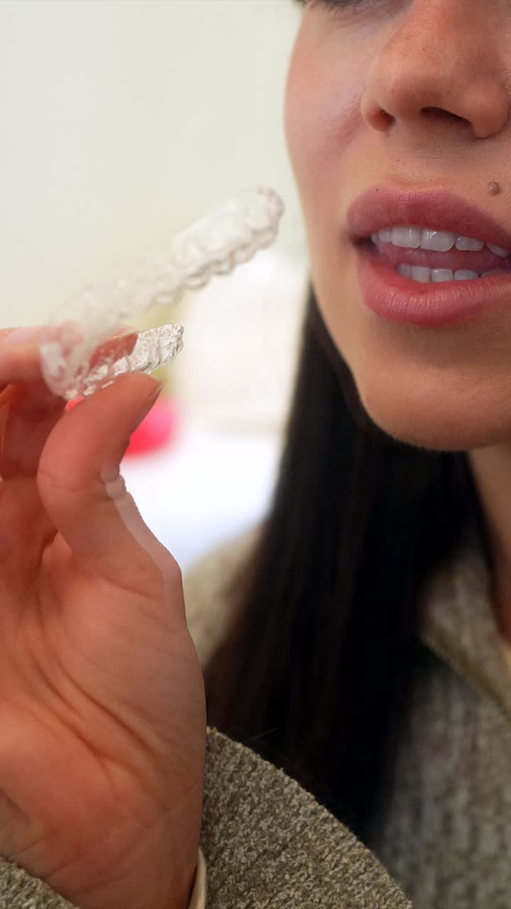 Close-up of Woman Removing Clear Dental Aligner from Her Teeth