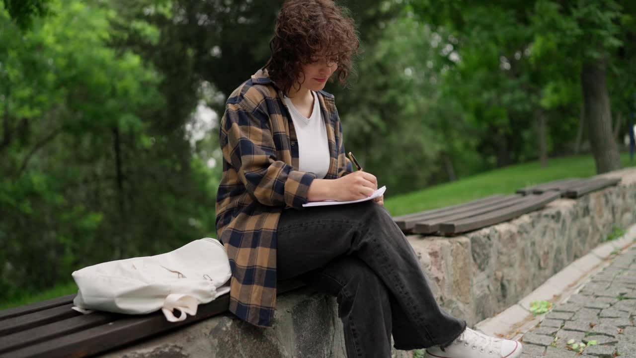 A girl student with curly hair in a brown shirt sits on a bench and makes notes in a notebook in the park