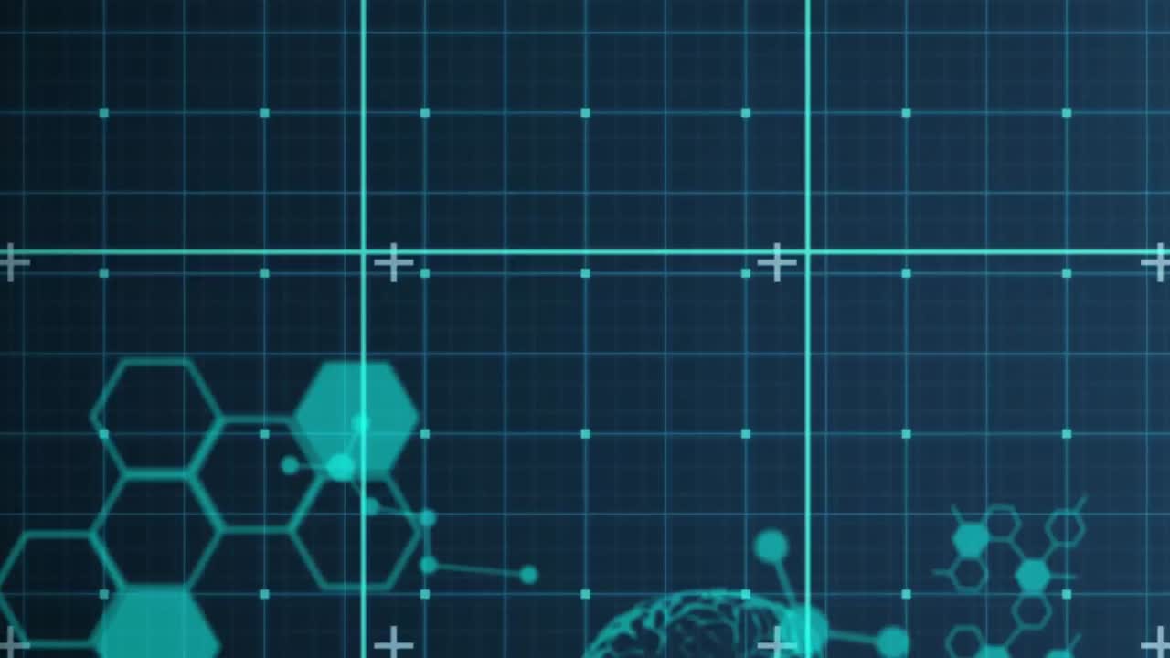 Animation of medical data processing, human brain rotating and chemical compound structures in the b